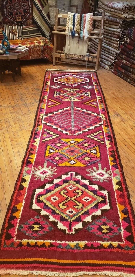 Vintage 1990-1995s Natural Dye Wool Pile Kurdish Herki Runner Rug 3'2'' x 12'5'' - Image 2 of 4