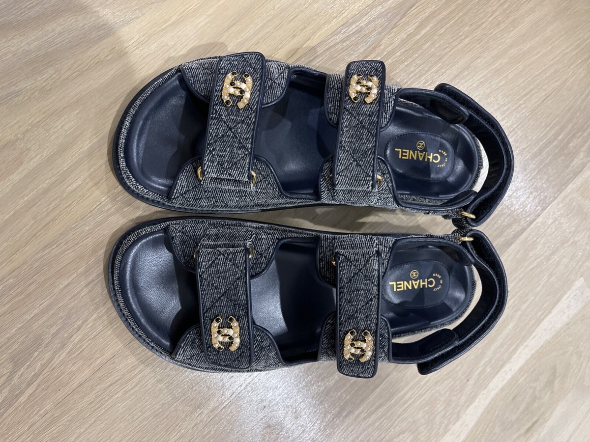Vintage Chanel denim heel sandals 箱付き　34 Vintage Chanel Denim Wrap Around Sandal Heels – ChezCharlene