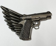 Gun With Wings Belt Buckle: Silver Star Brand, New, Vintage, USA Made, Licensed