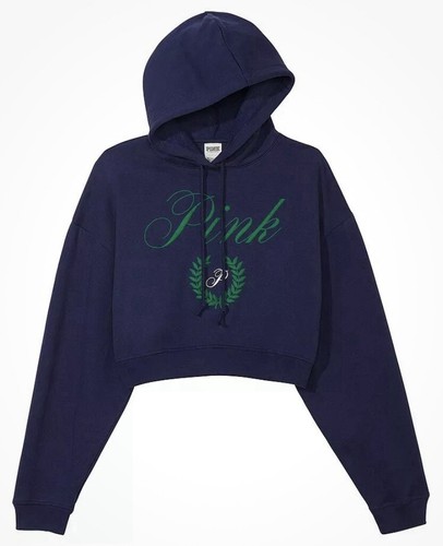 Victoria Secret Pink Cropped Top Fleece Sweatshirt Everyday Blue Hoodie New XL - Picture 6 of 7