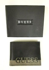 NEW GUESS BLACK+GRAY STRIPED HARD LEATHER,LOGO,MEN'S BIFOLD WALLET+ORIGINAL BOX