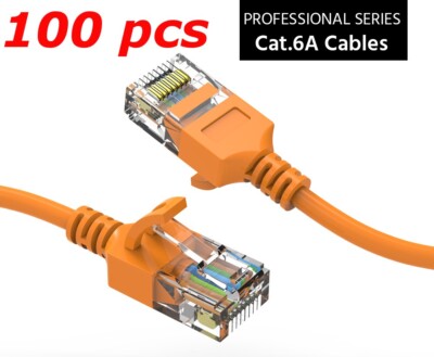 100 PACK - 10ft - CAT6A Super Slim Ethernet Network Patch Cable Cord Wire Orange
