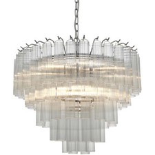 Multi Arm Hanging Ceiling Pendant Light Bright Nickel Plate & Clear Ribbed Glass