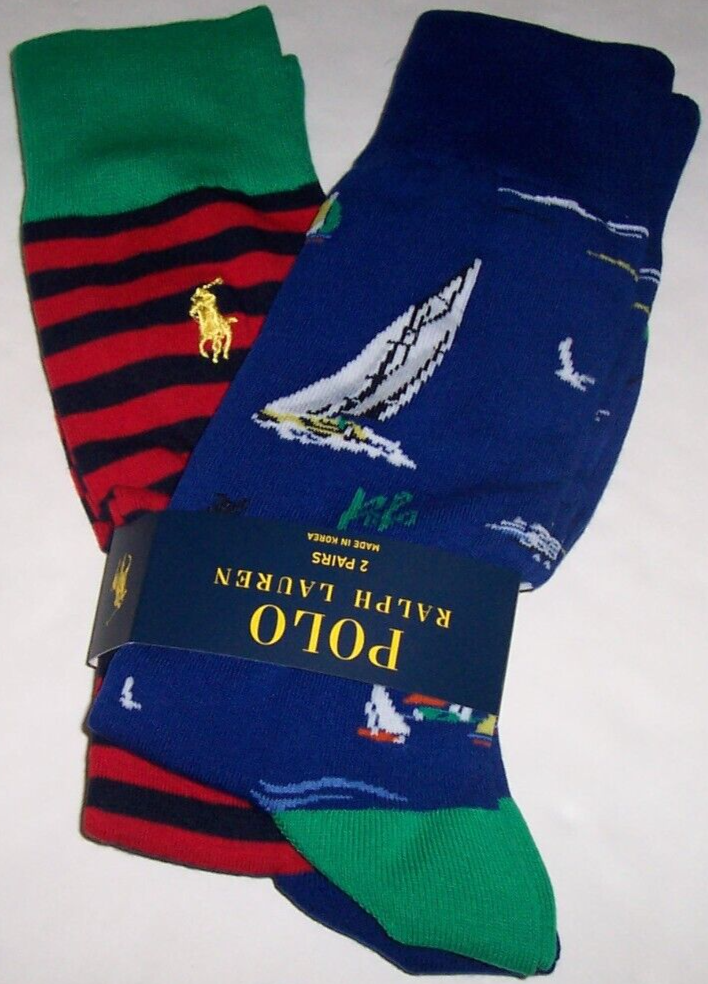 Polo Ralph Lauren 2 PAIA Calze Pantalone Uomo 10 13 Blu BARCA STRIGHE PONY Nuove con etichette