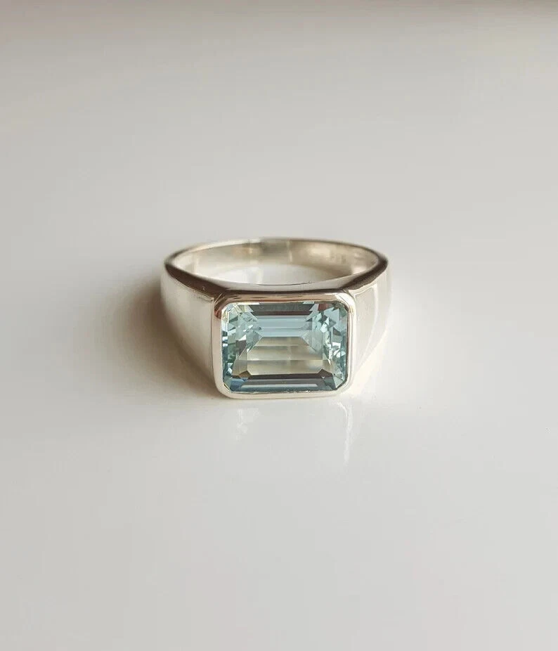 3Ct Solitaire Created Blue Aquamarine Mens Engagement Ring 14K White Gold Finish - Изображение 3 из 4