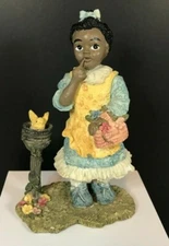 Vintage Young's Inc. African American Girl By Bird and Birdbath Resin Figurine