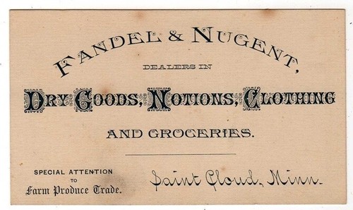 FANDEL & NUGENT ST CLOUD MINNESOTA ADVERTISING CARD CIRCA 1800'S - Picture 1 of 2