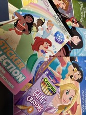 Disney Princess Lot of 3 Coloring Books, Stickers and Crayola Glitter Crayons