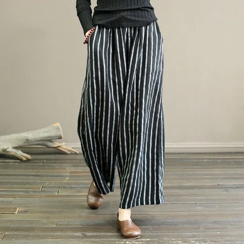 Women Cotton Linen Stripe Loose Wide Leg Trousers Drawstring Elastic Waist Pants - Bild 6 von 13