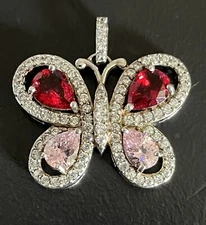 Signed SUN BR pendant butterfly Pink Clear Faux Silver Tone Sparkles necklace