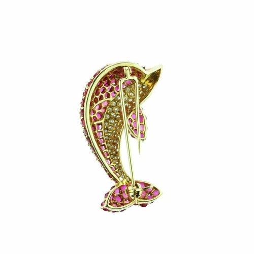 Epic Dolphin Brooch Pin 3CT Round Simulated Ruby/Diamond 14K Yellow Gold Plated - Picture 3 of 9