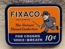 EMPTY FIXACO SLIDING TOP TIN THROAT CONFECTION COLORFUL w FUNNY MAN ST. LOUIS MO