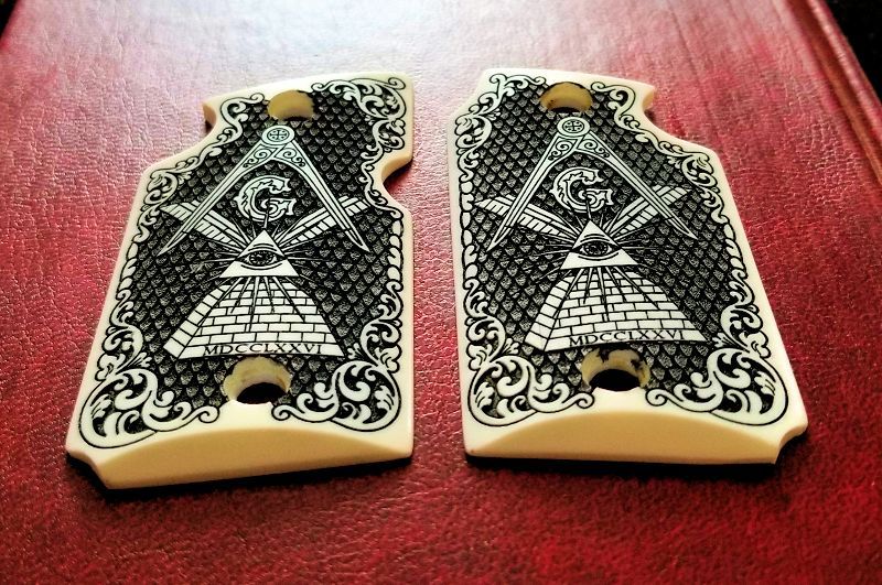 1911 custom engraved imitation ivory scrimshaw grips Howling Wolf Moon