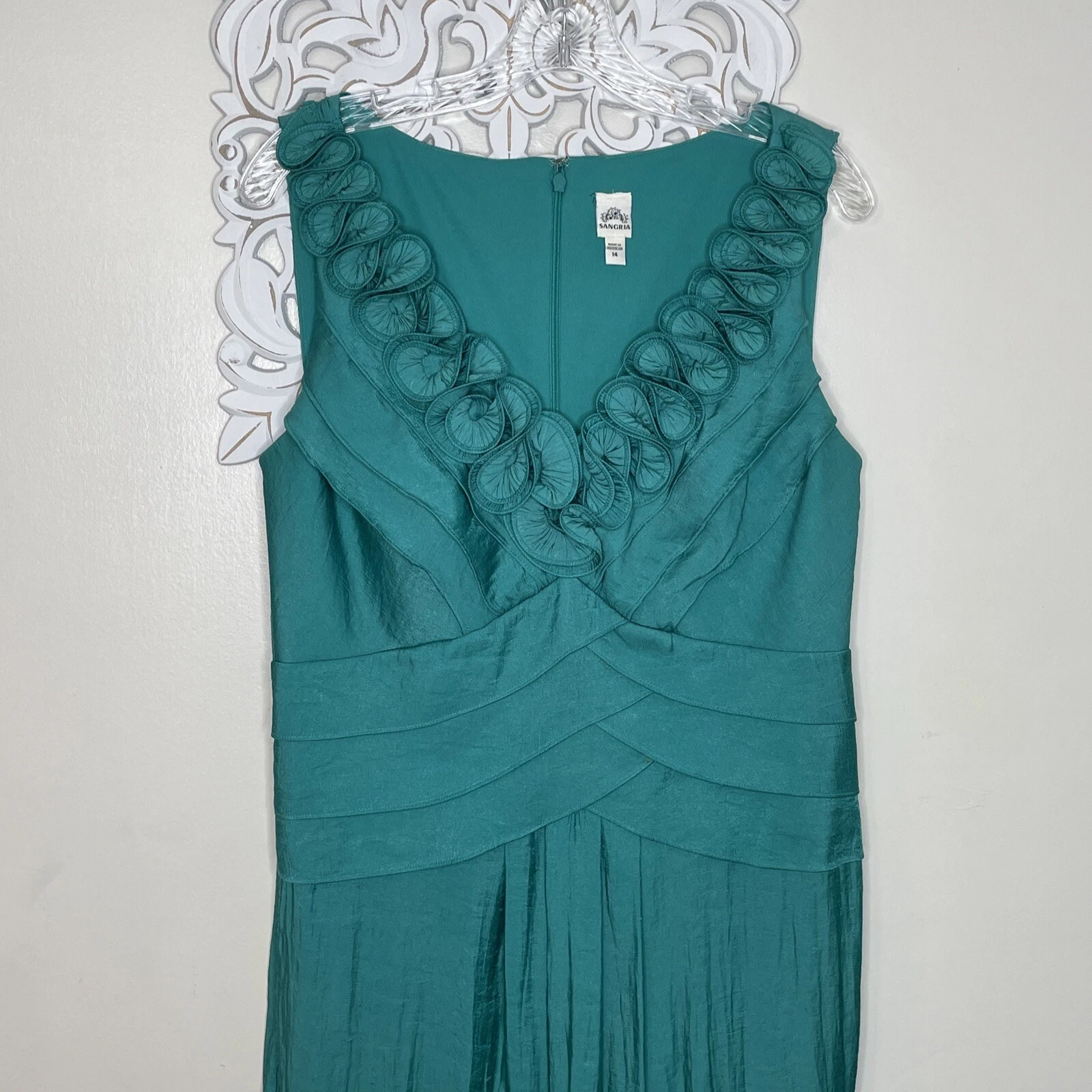 VETEMENTS SANGRIA taglia 14 ABITO senza maniche con volant scollo a V corpetto a strati foderato VERDE