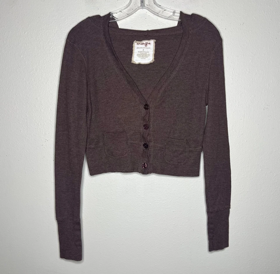 Sudadera con capucha recortada vintage Y2K Energie con botones para mujer L marrón bolsillo acanalado Foto 3 de 4