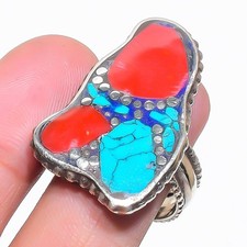 Red Coral Turquoise Adjustable Ring Handmade Boho Tibetan Nepali Jewelry NR 3413