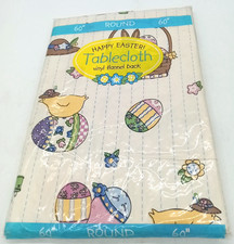 Happy Easter Vinyl Flannel Back 60" Round Tablecloth Bunnies Eggs Basket New