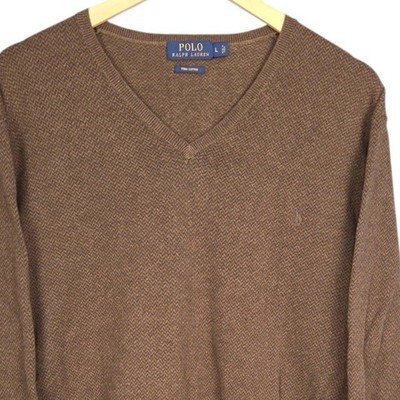 Polo Ralph Lauren Sweater Mens Large Brown V-Neck Pima Cotton Herringbone Knit
