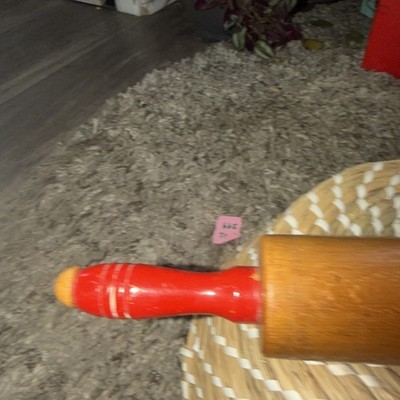 VINTAGE Yugoslavia 10.5'' 17.5'' WOOD ROLLING PIN, Original Red Paint Handles