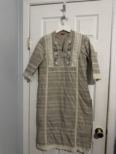 Women s Gray Woven Cotton Kurta Tunic Dress Lace Trim Embroidered Size W