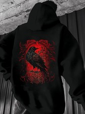 Men's Gothic Crow  Raven Print Hooded Sweatshirt - Loose Fit Long Sleeve Pullov