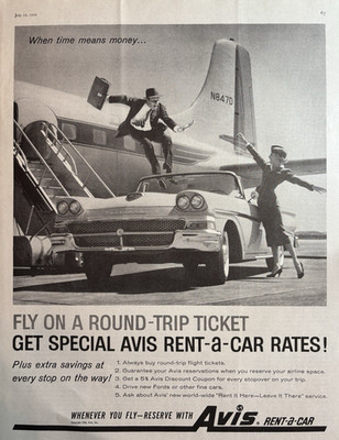 1959 Avis Rent A Car Round Trip Tickets Fly Plane Discount Vintage Print Ad