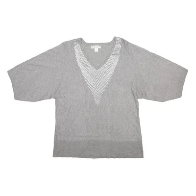 CHRISTOPHER & BANKS Femme Gris Uni Pull Col V-Neck Maille Basique Bouton - Photo 1/4