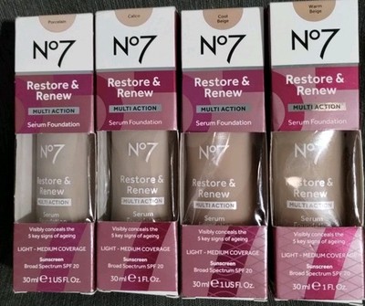 (4) No7 Restore & Renew Multi Action Serum Foundation SPF20, 1.0oz Ea -EXP: 2027