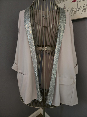 NWOT! Womens Light Gray/silver Sequin Open Blazer With Pockets And 3/4 Length...