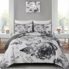 Grey Boho Floral Quilt Set King, 3 Pieces Elegant Gray Flower Bedspread Cover...
