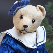 Antiker Weiersmüller Teddy Bär 1910er - 20er Marine Kleidung & Koffer
