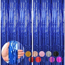 2 Pack Blue Foil Fringe Curtains Streamers 3.3x8.2 Ft Tinsel Backdrop Decor