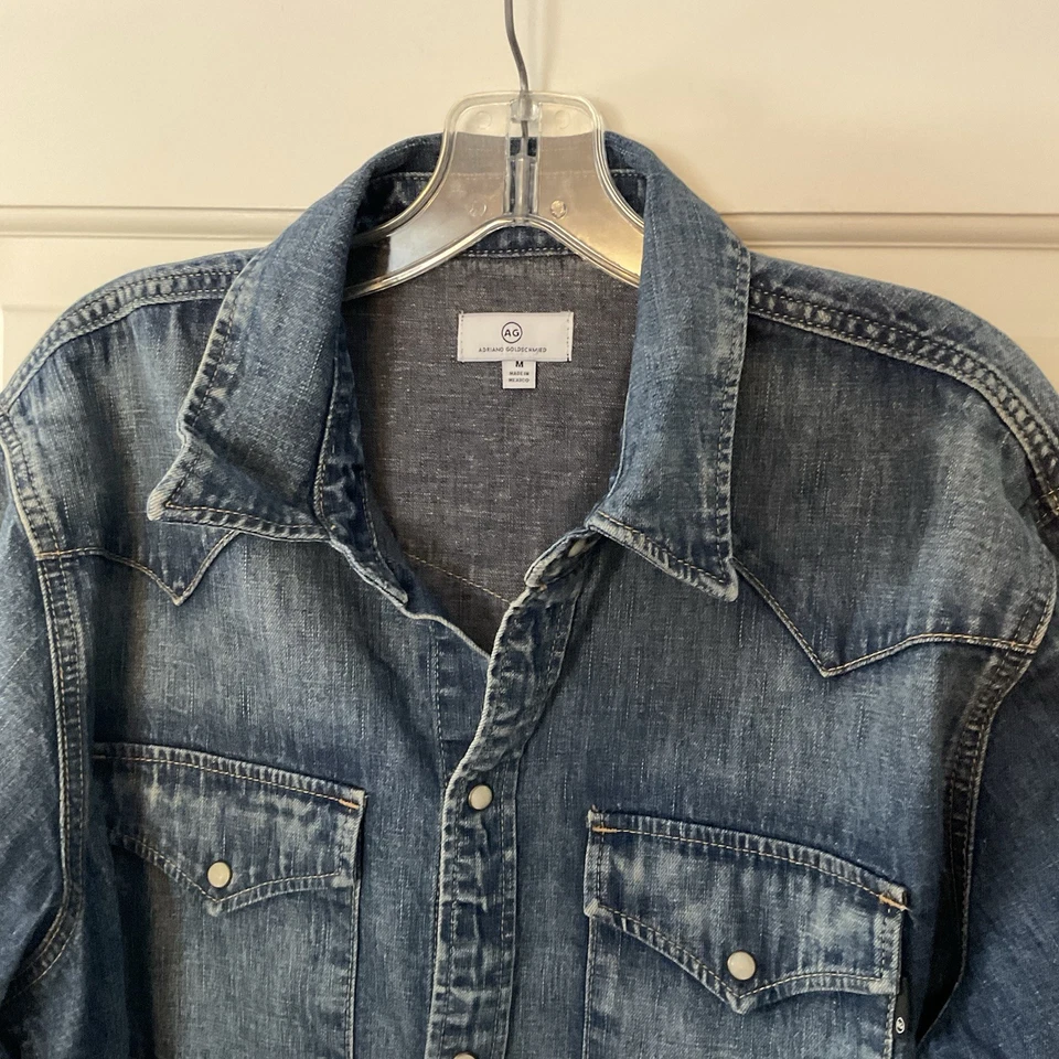 NEW AG Adriano Goldschmied Aiden Western Shirt Blue Denim Pearl Snap Men’s M - Image 3 of 4