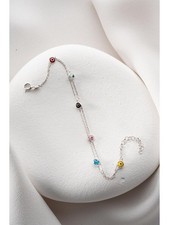 Sterling Silber Damenarmband mit Nazar-Auge, zweireihig, rhodiniert, bunte Email