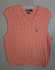 Vtg Polo Ralph Lauren Sweater Vest Mens XL Cable Knit Coral Pink Golf Cotton