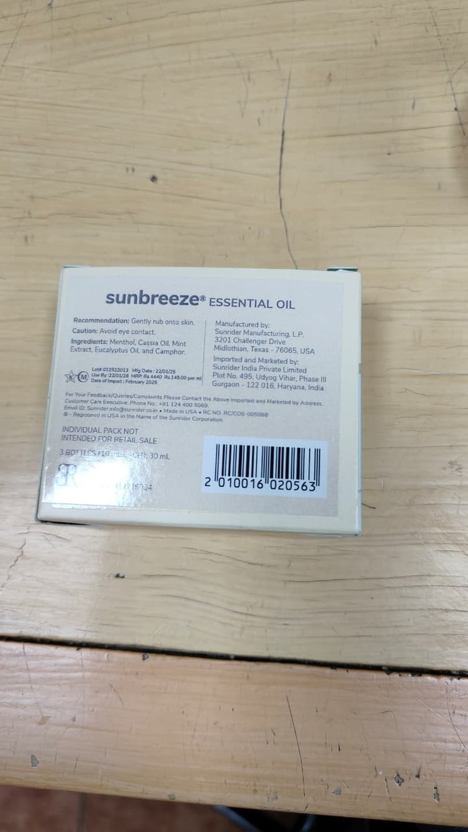 Sunrider Sunbreeze Essential (3 X 10 mL) Oil Pain Relief Muscle