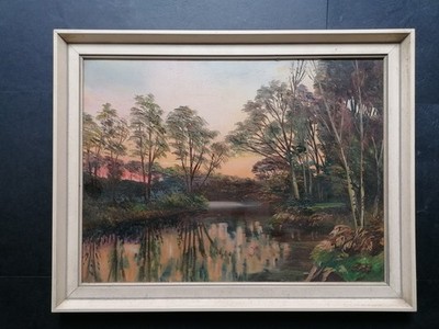 Ölgemälde Landschaft Anfang 20. Jahrhundert, bewaldete Flussszene bei Sonnenuntergang