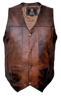 Retro Brown Buffalo Hide Leather Vest for Men   10 Pockets, Concealed Carry