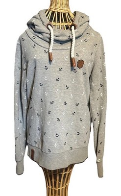 NAKETANO Womens Anchor Print Cowl Neck Hoodie Sweatshirt Nautical Beachy