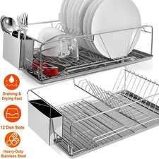 Kitchen Dish Drying Rack Stainless Steel Dish Rack w/ Drainboard Cutlery Holder