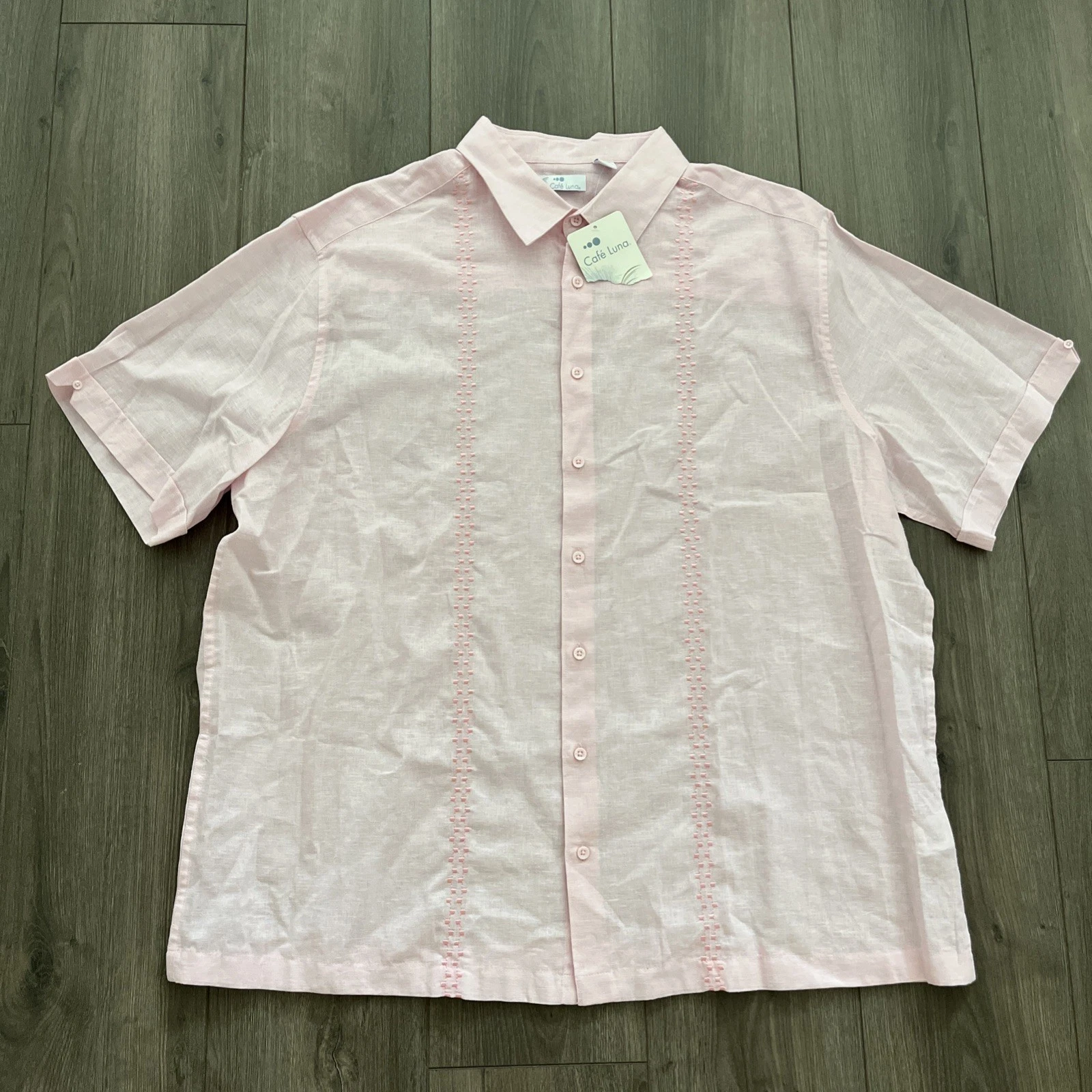 Café Luna Short Sleeve Button Up Shirt Mens 2XL Pink Linen/Cotton NWT