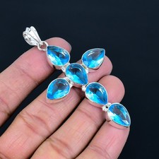 Pendentif croix en argent sterling 925 pierre précieuse poire topaze bleue...