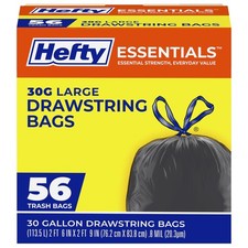 Hefty Essentials Drawstring 30 Gallon Trash Bags 56 Count Bulk Black Garbage