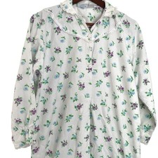 The Vermont Country Store Flannel Nightgown Medium M White Floral Eyelet Trim