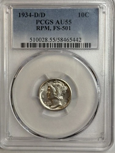 1934-D/D Mercury Dime AU55 RPM, FS-501 Slightly Rotated Reverse