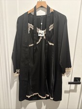 NWT BLACK Tan Trim Belted Babydoll Sleep Dress And Robe. Fairy Lacey Coquette L
