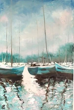 Yacht Oil Painting on Panel Regatta Art Marina Art Yachts in Harbor Impasto Art