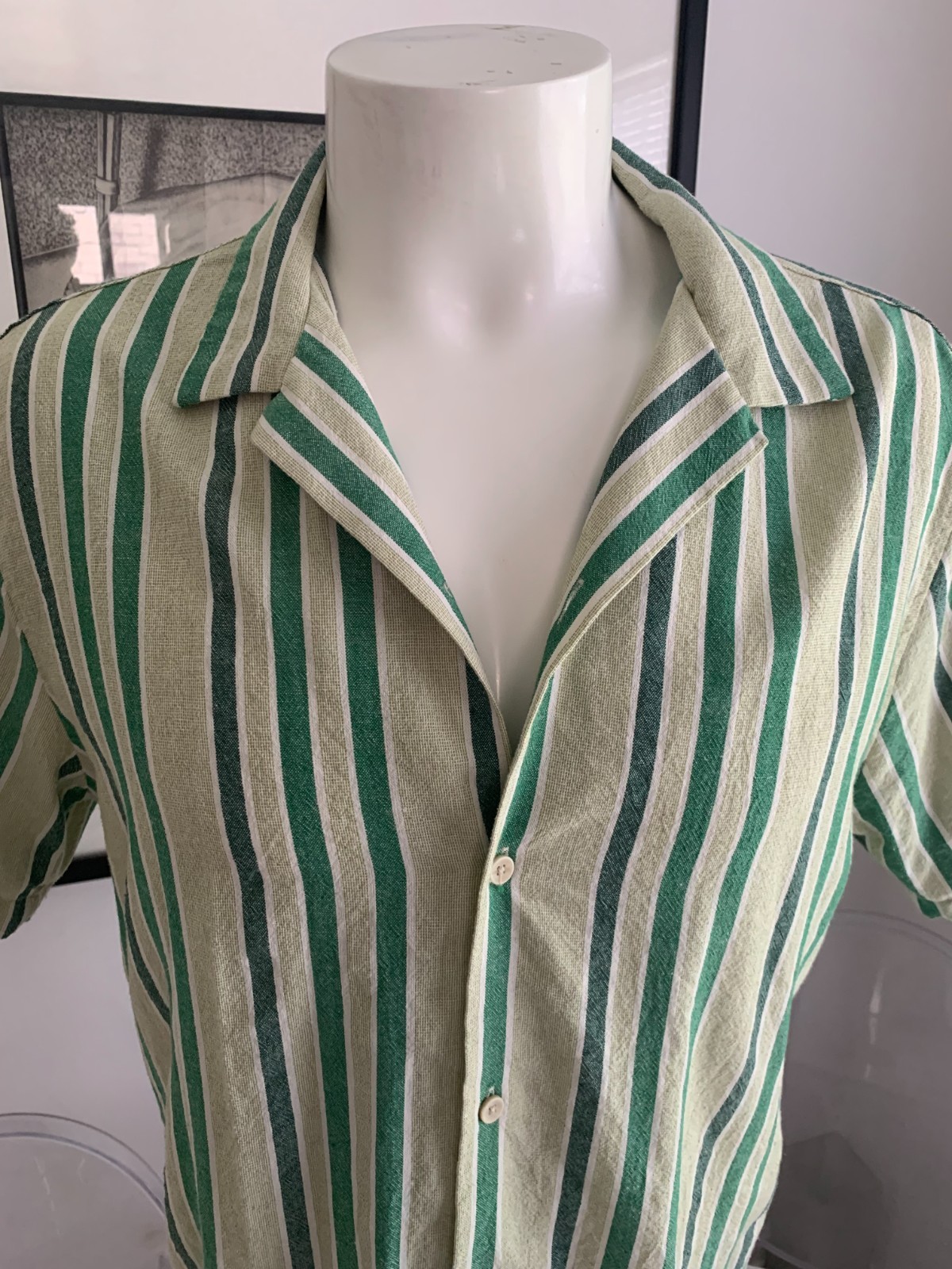 ZARA Men's Linen Blend Camp Collar Shirt Green Striped Short Sleeve Size 44/XL image 6