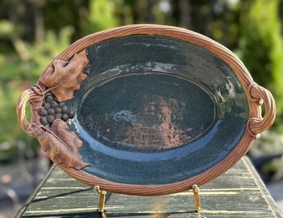 Studio Pottery Serving Platter Grapes & Leaves Rope Handles Signed Craw