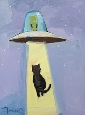 Jose Trujillo Art PRINT 16x20 Collectible Artist Painting Black Cat UFO Space